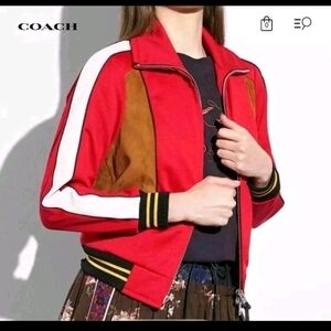 COACH Red Track Jacket W Leather Racer Stripes & Brown Suede Detail Women's 0 XS